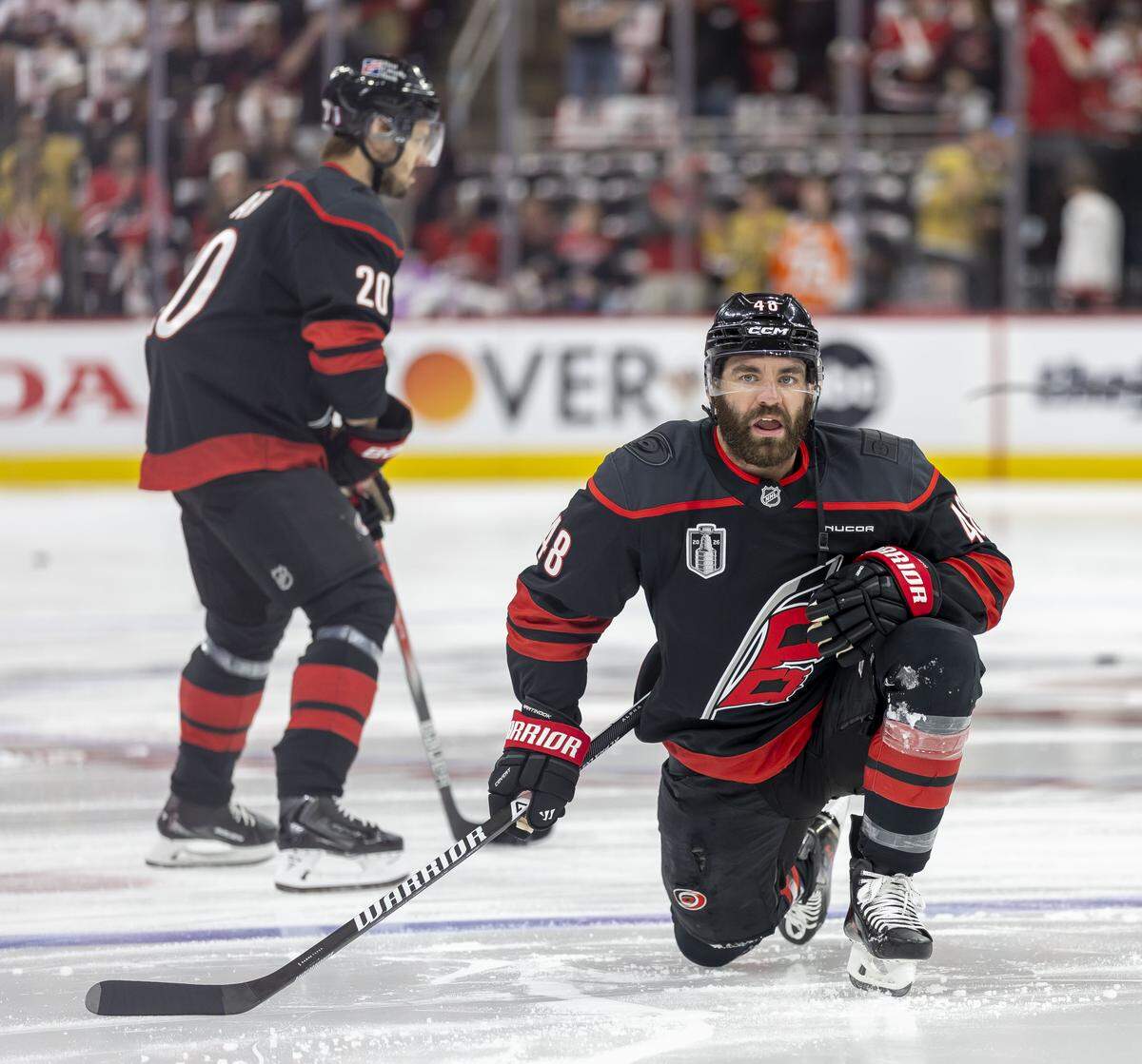 Carolina Hurricanes left wing Jordan Martinook (48) looks for his family as he stretches during the pre-game skate ahead of Game 1 of the Stanley Cup Finals, on Tuesday, June 2, 2026 at Lenovo Center in Raleigh, N.C.