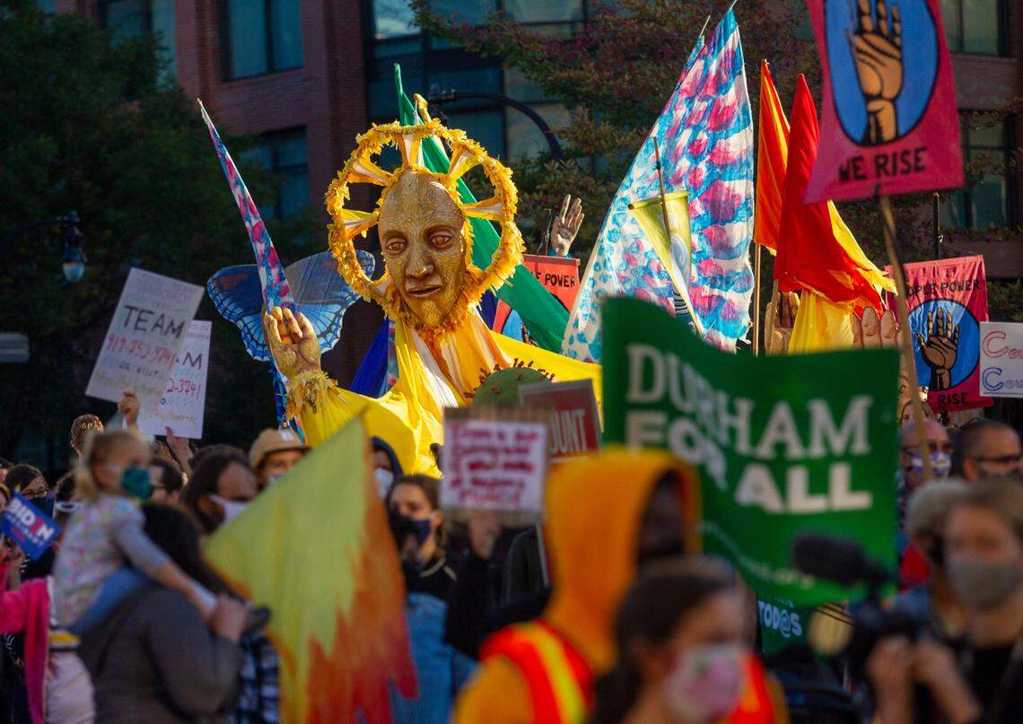 Demonstrators from several community and advocacy groups march n downtown Durham demanding that all votes cast in the recent election be counted on Wednesday, Nov. 4, 2020.