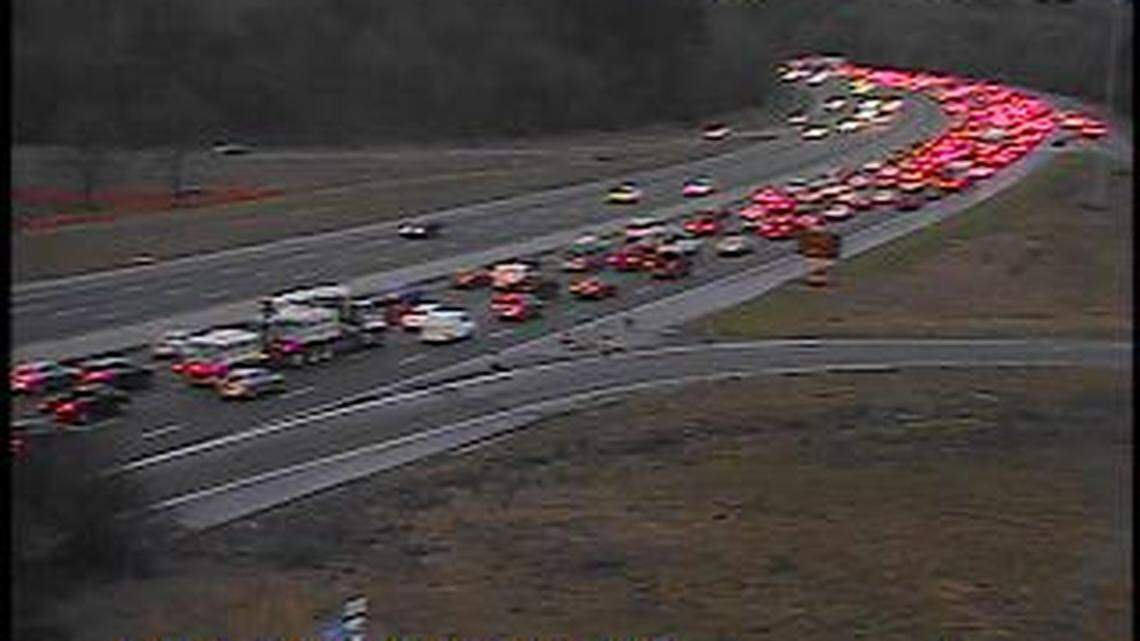 A tractor-trailer fire on westbound Interstate 40 near the South Saunders Street exit on the south side of Raleigh on March 21, 2018, caused a long traffic backup during the morning commuting time.