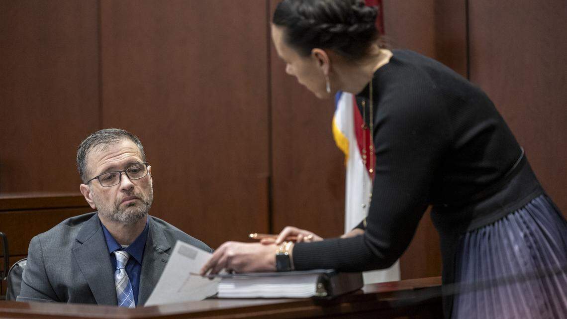 Defense attorney Kellie Mannette questions Raleigh Police Sgt. Robert Pike, a digital forensics expert, as he testifies during the sentencing hearing for Austin Thompson, 18, on Friday, Feb. 6, 2026, in Wake County Superior Court in Raleigh. Thompson previously pleaded guilty in the 2022 mass shooting in the Hedingham neighborhood that killed five people.