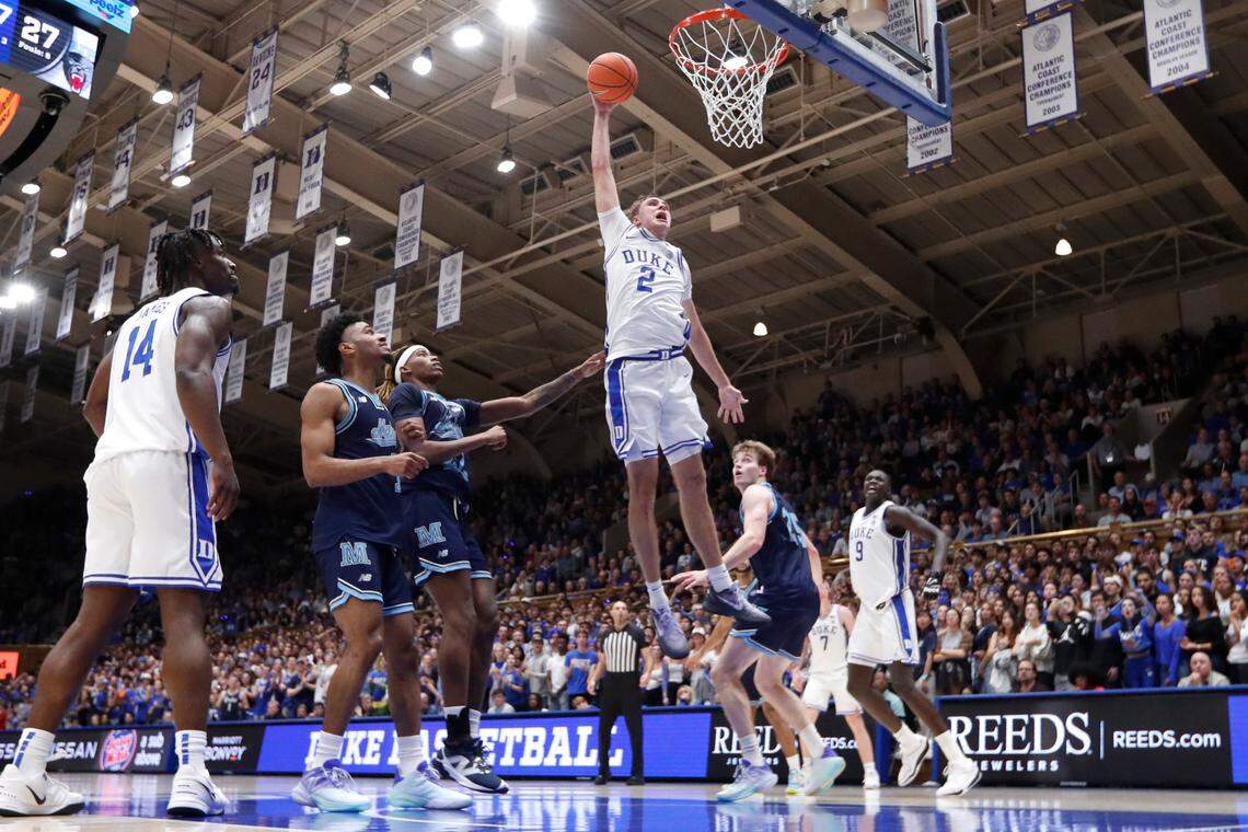 Duke’s Cooper Flagg (2) heads to slam in two during Duke’s 96-62 victory over Maine at Cameron Indoor Stadium in Durham, N.C., Monday, Nov. 4, 2024.
