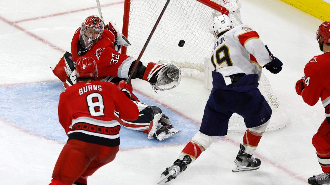 Florida left wing Matthew Tkachuk (19) scores on Carolina goaltender Antti Raanta (32) during the overtime of the Panthers’ 2-1 overtime victory over the Hurricanes in the Eastern Conference Finals at PNC Arena in Raleigh, N.C., Saturday, May 20, 2023.