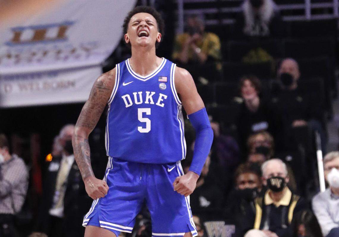 Duke’s Paolo Banchero (5) celebrates hitting a three-pointer during the second half of Duke’s 76-64 victory over Wake Forest at LJVM Coliseum in Winston-Salem, N.C., Wednesday, January 12, 2022.