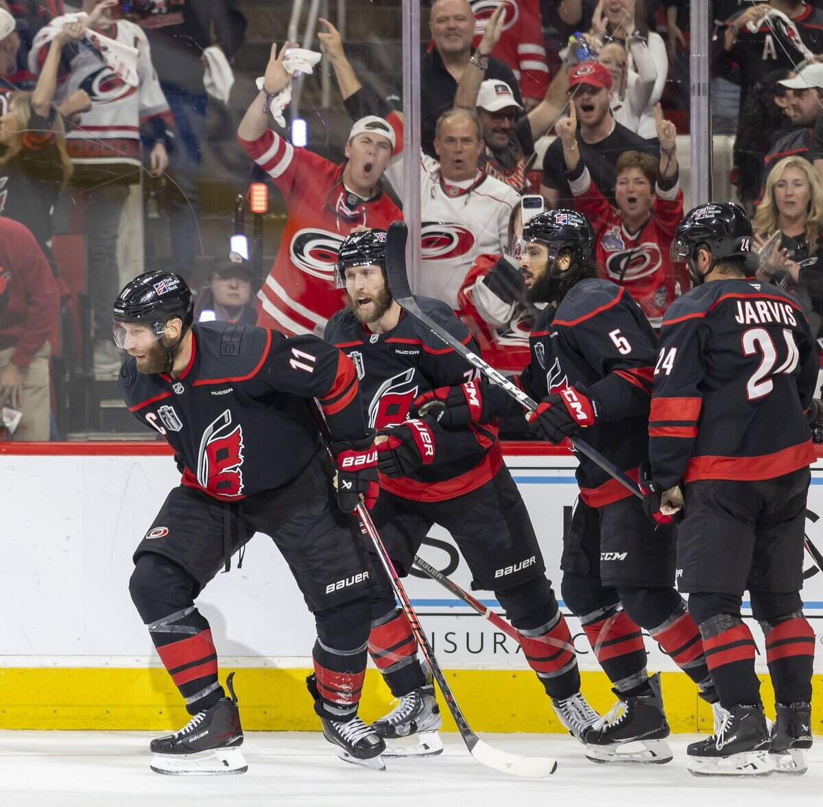 Carolina Hurricanes Carolina Hurricanes center Jordan Staal (11) skates to the bench after scoring on Vegas goalie Carter Hart (79) to tie the score 1-1 in the first period in Game 5 of the Stanley Cup Final against Vegas, on Thursday, June 11, 2026 at Lenovo Center in Raleigh, N.C.