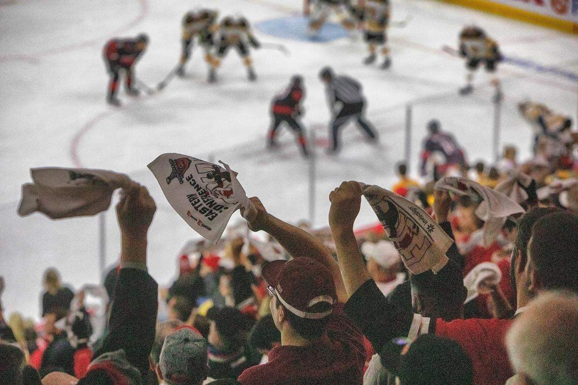 Carolina Hurricanes fans cheer against the Boston Bruins during the third period of Game 3 of the Eastern Conference Finals Tuesday, May 14, 2019 at PNC Arena in Raleigh, NC. Boston won 2-1.