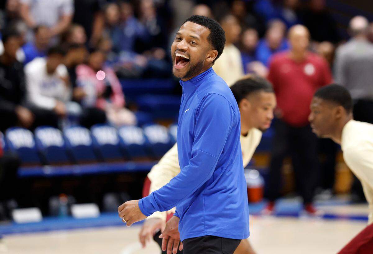 Duke associate head coach Jai Lucas laughs during warmups before Duke’s game against Florida State at Cameron Indoor Stadium in Durham, N.C., Saturday, March 1, 2025.