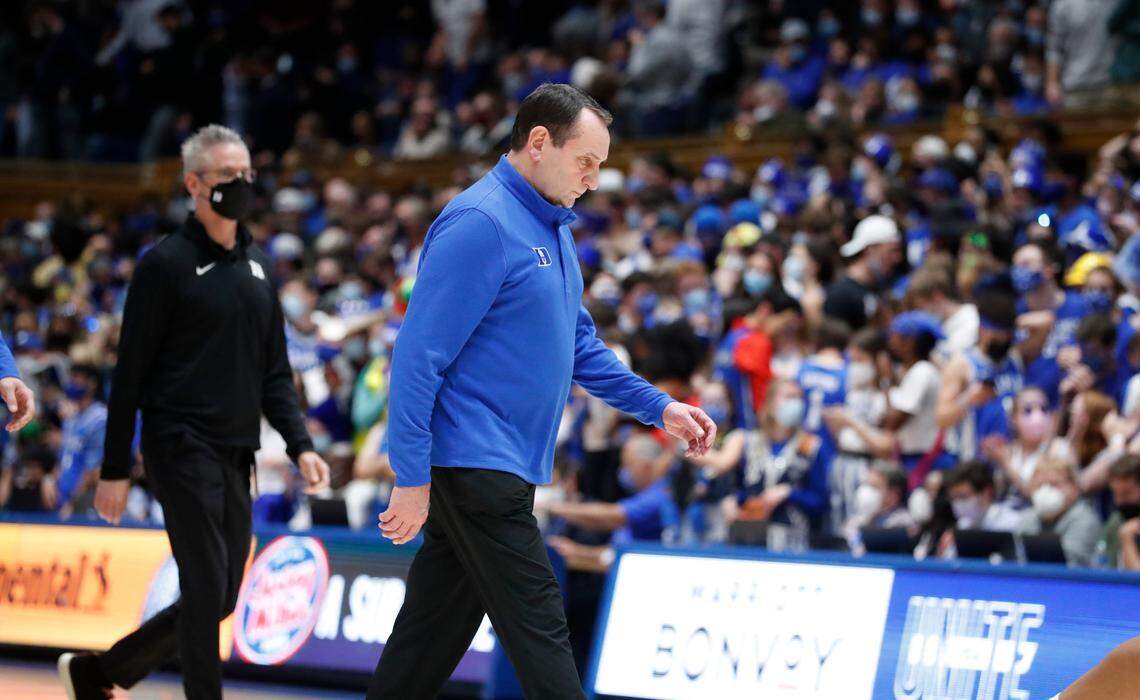 Duke head coach Mike Krzyzewski walks off the court at the end of the first half of Duke’s game against Wake Forest at Cameron Indoor Stadium in Durham, N.C., Tuesday, Feb. 15, 2022.