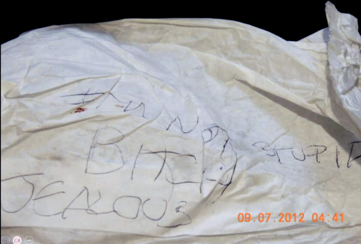 Bag in bedroom.jpg Writing on a bag found in the bedroom where Faith Hedgepeth was beaten and murdered. Writing on the bag reads: “I’M NOT STUPID BITCH JEALOUS”.