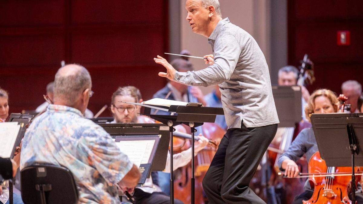 The N.C. Symphony Orchestra's new music director, Carlos Miguel Prieto, conducts a rehearsal Wednesday, Sept. 20, 2023, at Meymandi Concert Hall in Raleigh.