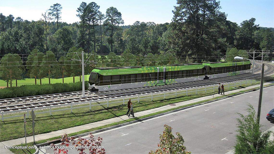 This Durham-Orange light-rail train would pass 19 stops, including this one on Hamilton Road near Finley Golf Course in Chapel Hill. The light-rail system would connect UNC Hospitals in Chapel Hill with Duke and N.C. Central universities in Durham, plus retail, office and residential areas along the way.