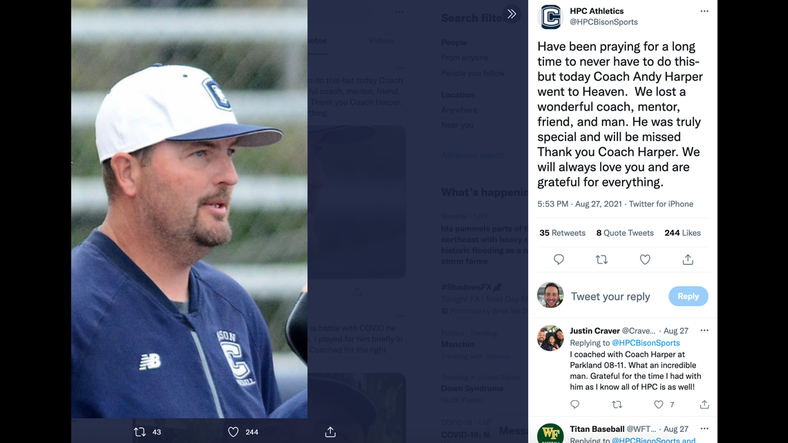 A 48-year-old high school baseball coach from North Carolina died of COVID-19 complications after spending several weeks on a ventilator.