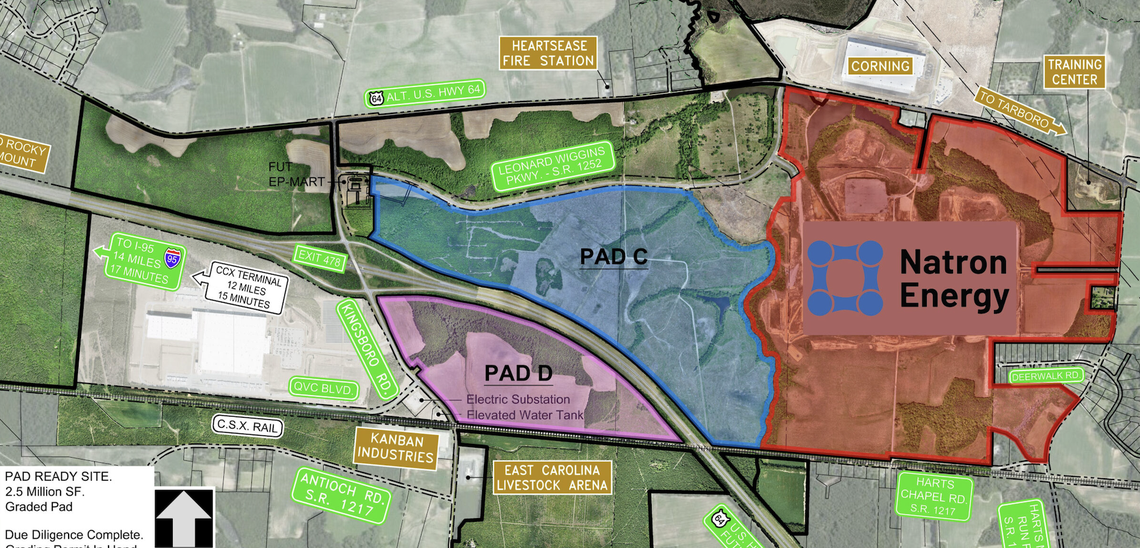 Map of the Kingsboro CSX Select Megasite in Edgecombe County shows portion of land committed to Natron Energy.