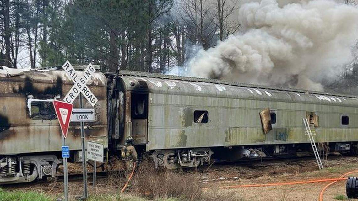 Fire heavily damaged several former circus train cars that the N.C. Department of Transportation was storing in the woods in Nash County.