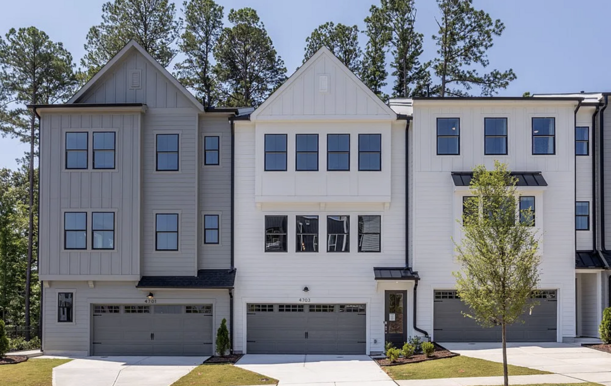 A block of townhomes in Tri Pointe Homes’ new Elm Park at 4707 Mint Leaf Ln. off Duraleigh Road in Raleigh. 