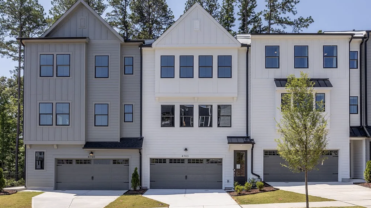 A block of townhomes in Tri Pointe Homes’ new Elm Park at 4707 Mint Leaf Ln. off Duraleigh Road in Raleigh.