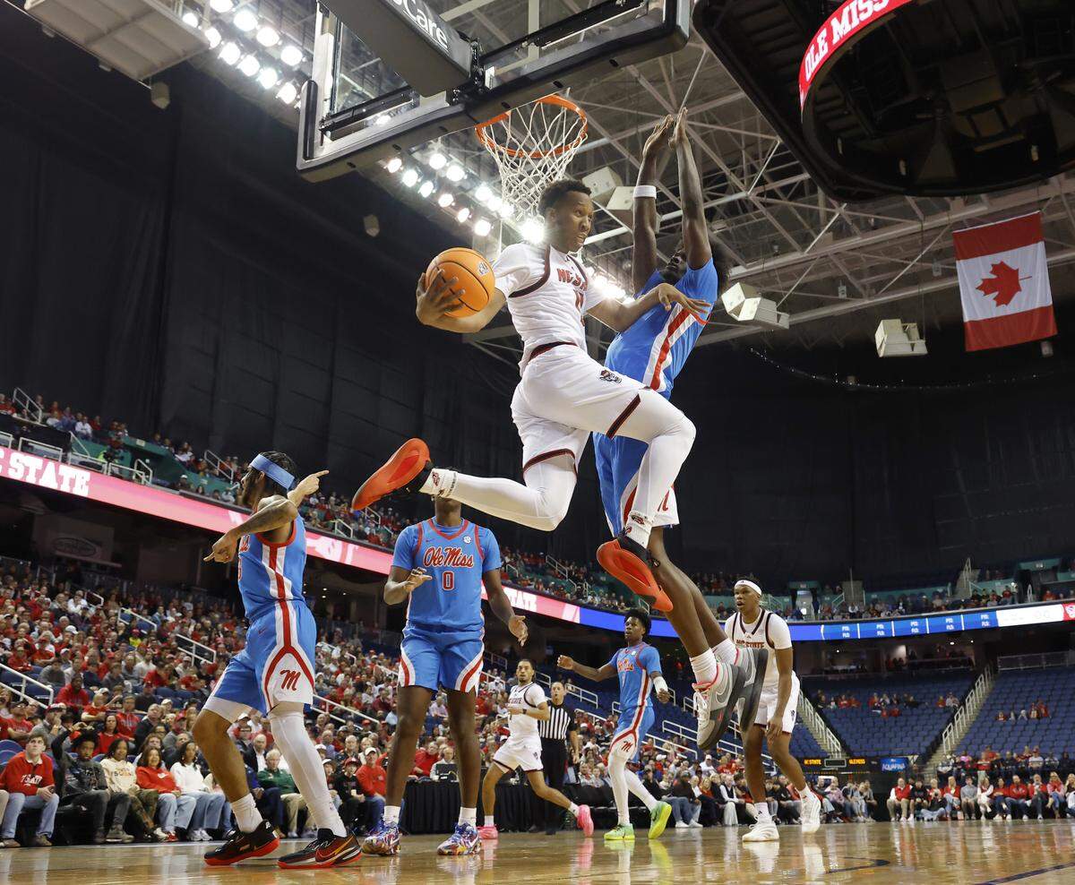 N.C. State’s Quadir Copeland looks to pass during the first half of the Wolfpack’s 76-62 win over Ole Miss on Sunday, Dec. 21, 2025, at First Horizon Coliseum in Greensboro, N.C.