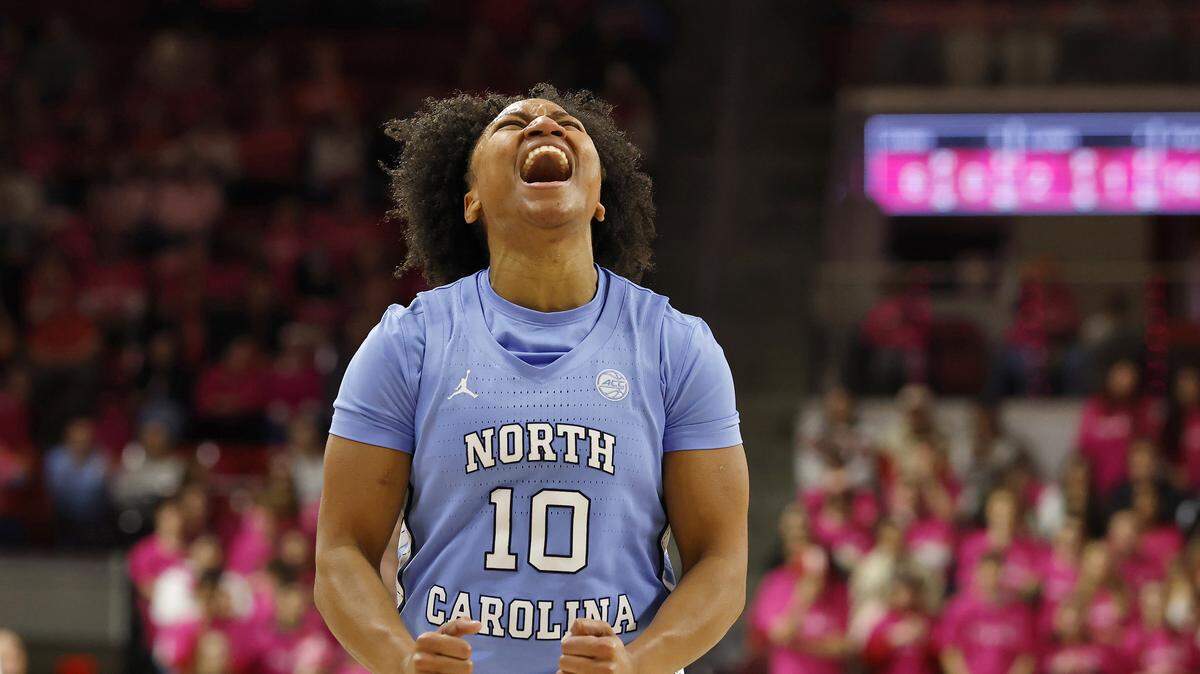 North Carolina’s Reniya Kelly reacts during the second half of the Tar Heels’ 61-59 win over N.C. State on Monday, Feb. 2, 2026, at Reynolds Coliseum in Raleigh, N.C.