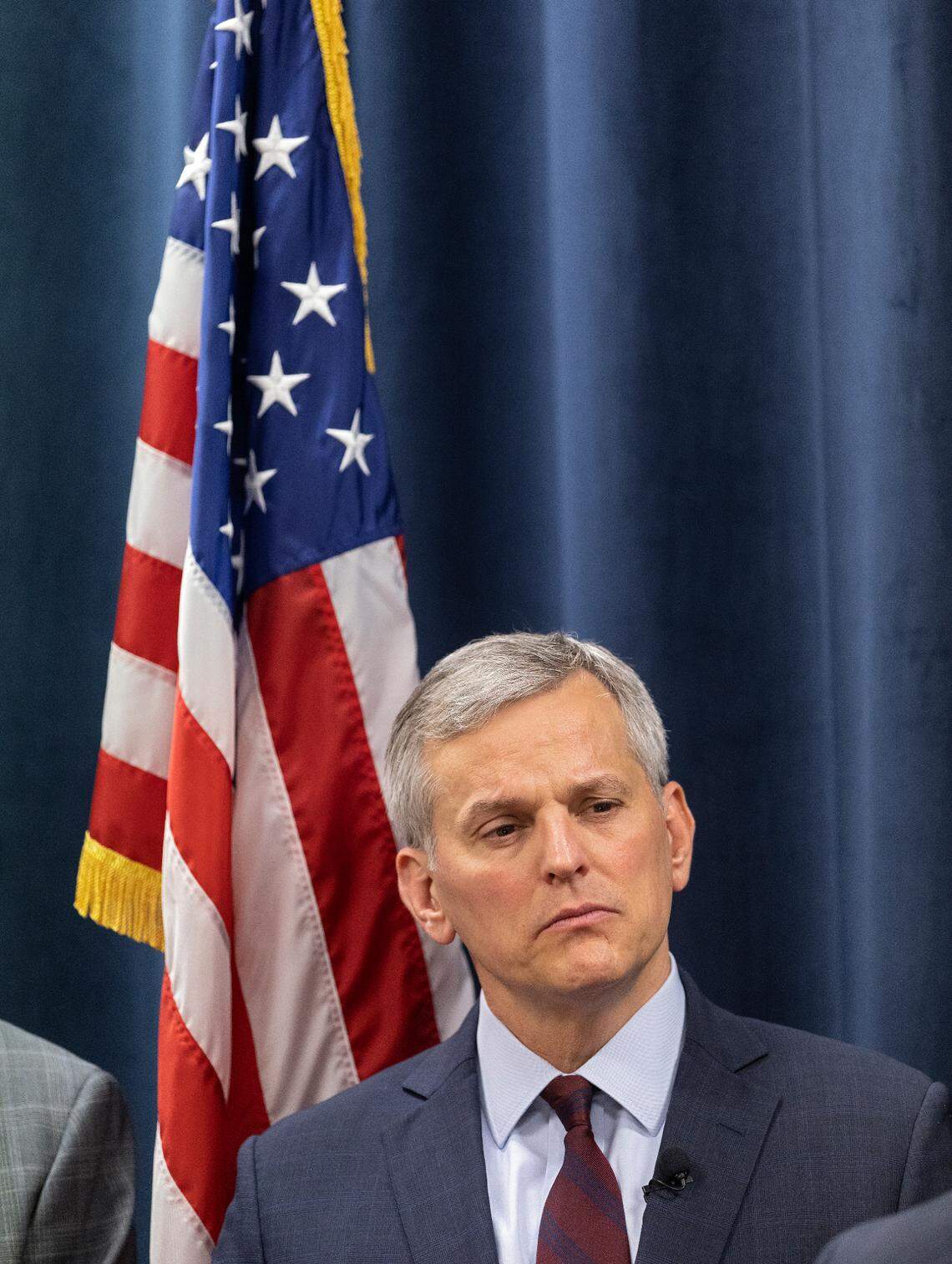 Attorney General Josh Stein listens as legislative and community leaders speak about public safety during a press conference on Monday, May 1, 2023, at the North Carolina Department of Justice in Raleigh, N.C. 