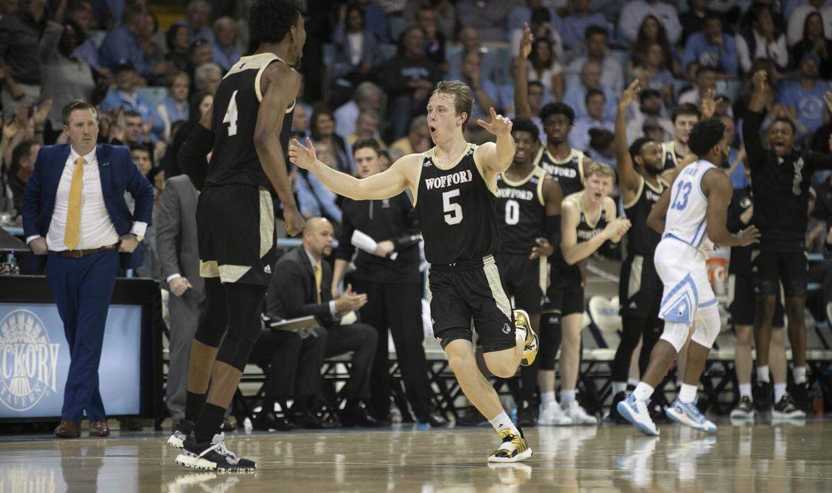 Wofford’s Storm Murphy (5) reacts after sinking a thee-point basket in the second half against North Carolina on Sunday, December 15, 2019 at Carmichael Arena in Chapel Hill, N.C. Wofford defeated North Carolina 68-64.