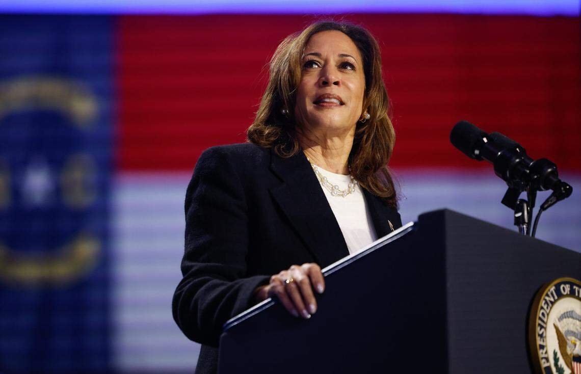 Vice President Kamala Harris speaks during a rally at the Bojangles Coliseum in Charlotte, NC on Thursday, September 12, 2024.