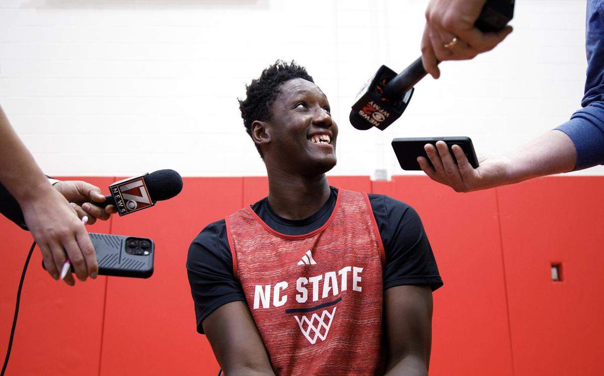 N.C. State freshman Musa Sagnia speaks with reporters during media day at Dail Basketball Center on Monday, Sept. 22, 2025, in Raleigh, N.C.