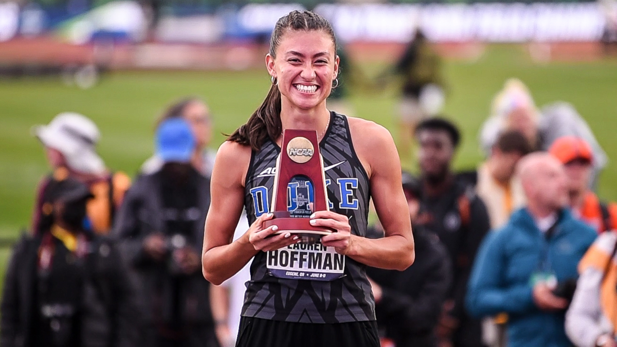 Duke’s Lauren Hoffman with her bronze medal trophy at the 2022 NCAA Track and Field Championships in Eugene, Oregon.