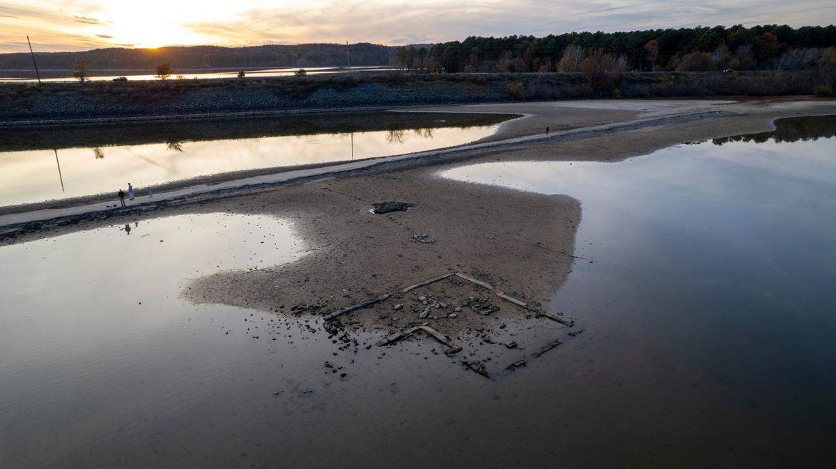 Foundations of abandoned homes that were part of communities in the New Hope Valley before they were flooded upon Jordan Lake’s 1982 completion are visible in this file photo from November 2023, when North Carolina was locked in a lengthy drought. The National Weather Service says almost all of NC is in moderate to severe drought now.