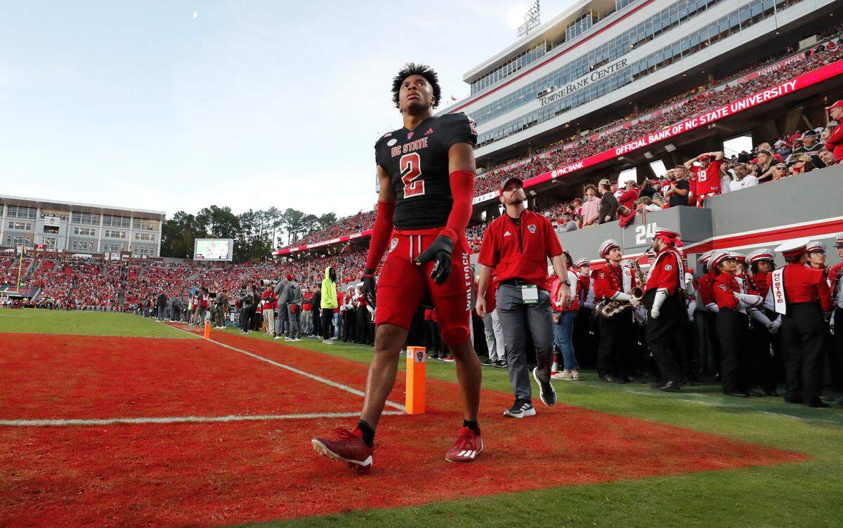 N.C. State cornerback Brandon Cisse (2) walks off the field before the end of the first half of N.C. State’s game against Duke at Carter-Finley Stadium in Raleigh, N.C., Sat. Nov. 9, 2024.