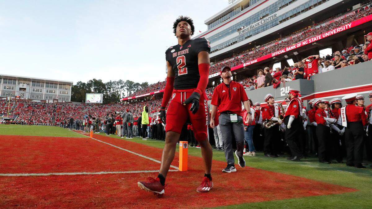 N.C. State cornerback Brandon Cisse (2) walks off the field before the end of the first half of N.C. State’s game against Duke at Carter-Finley Stadium in Raleigh, N.C., Sat. Nov. 9, 2024.