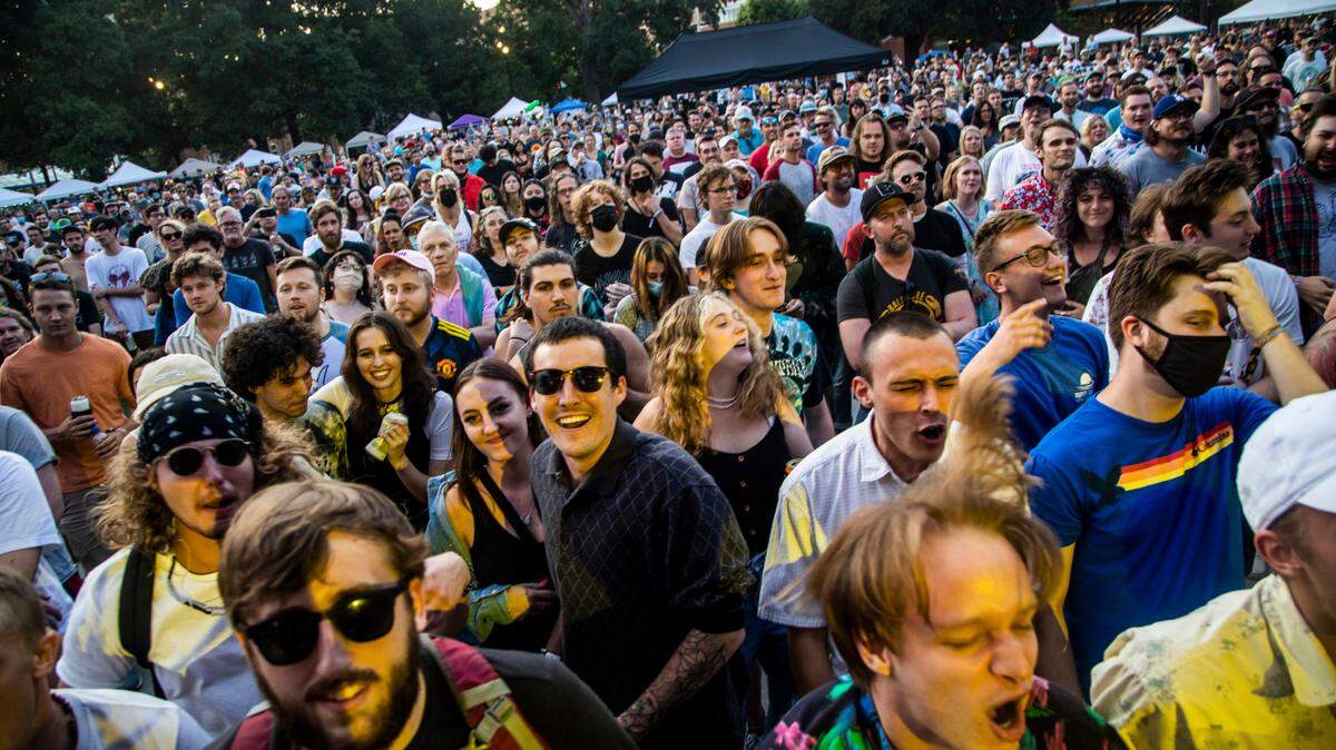 Concert-goers listen to Parquet Courts play Moore Square in Raleigh during the third day of the Hopscotch Music Festival Saturday, Sept. 11, 2021. Hopscotch returns Sept. 8-11, 2022.