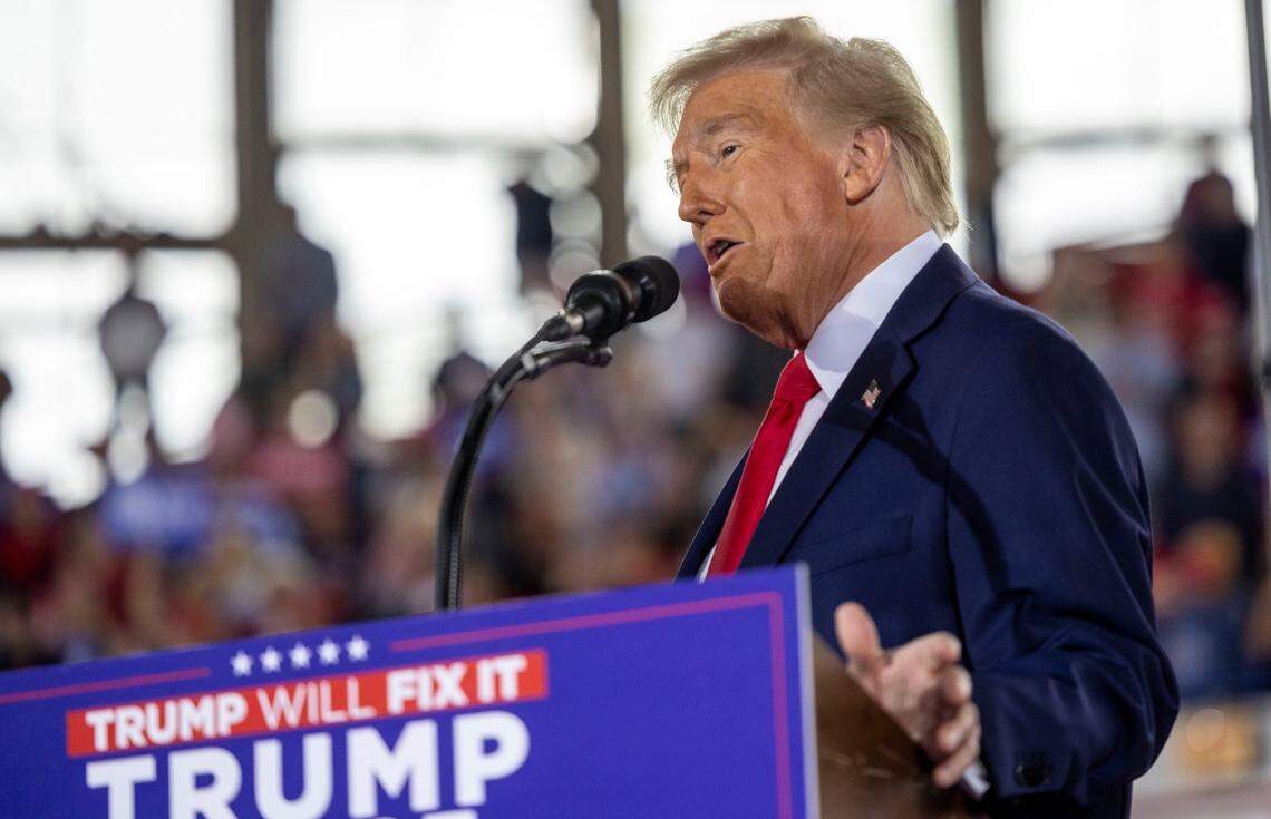 Republican presidential nominee and former President Donald Trump speaks during a rally at Dorton Arena in Raleigh on Monday, Nov. 4, 2024, one day before Election Day.