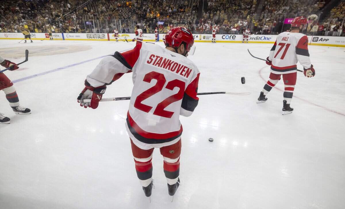 Carolina Hurricanes center Logan Stankoven (22) juggles a puck on his stick during pre-game warm ups ahead of  Game 3 of the Stanley Cup Final, on Saturday, June 6, 2026 at T-Mobile Arena in Las Vegas, NV.