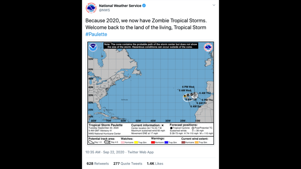 Paulette, a hurricane that made landfall in Bermuda, has reformed off the coast of Africa, becoming a “zombie tropical storm,” the National Weather Service said.