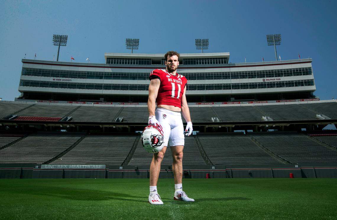 N.C. State’s Payton Wilson poses at Carter-Finley Stadium in Raleigh, N.C., Thursday, July 29, 2021.