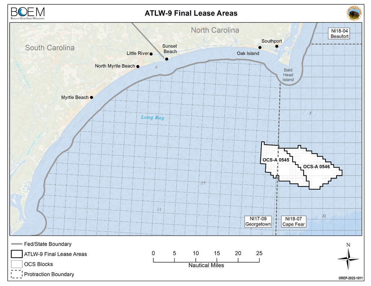 The federal Bureau of Ocean Energy Management on Friday announced that it had completed an environmental assessment for the Wilmington East Wind Energy Area. The agency split the area into two sections, shown here, and announced plans to lease the rights to develop the areas on May 11, 2022.