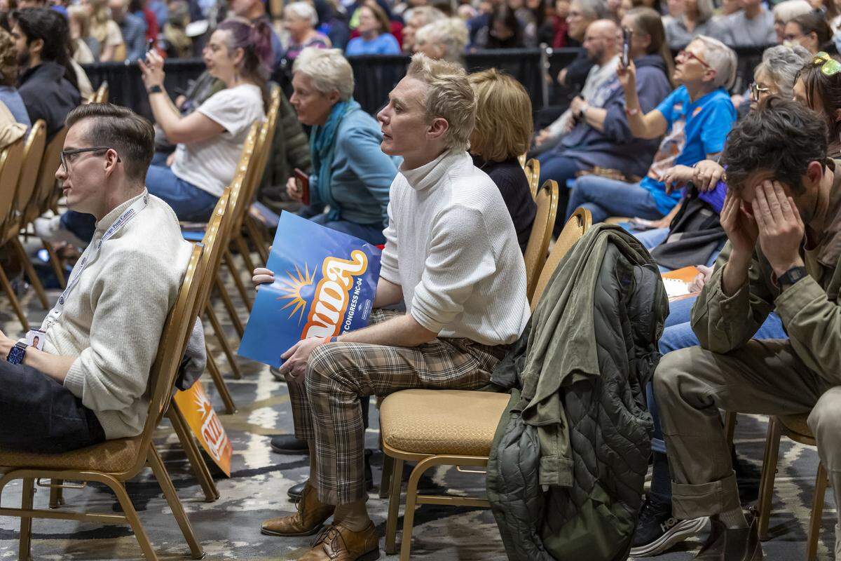 Clay Aiken listens to remarks by Senator Bernie Sanders at the Durham Convention Center on Friday, February 13, 2026 in Durham, N.C. 