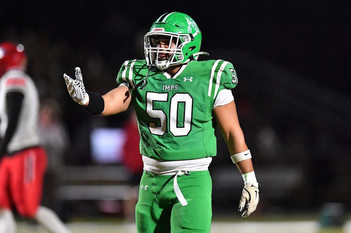 Cary's Faraz Chohan (50) reacts to the touchdown by Middle Creek during the first half. The Cary Imps and the Middle Creek Mustangs met in a conference football game in Cary, N.C. on October 24, 2025