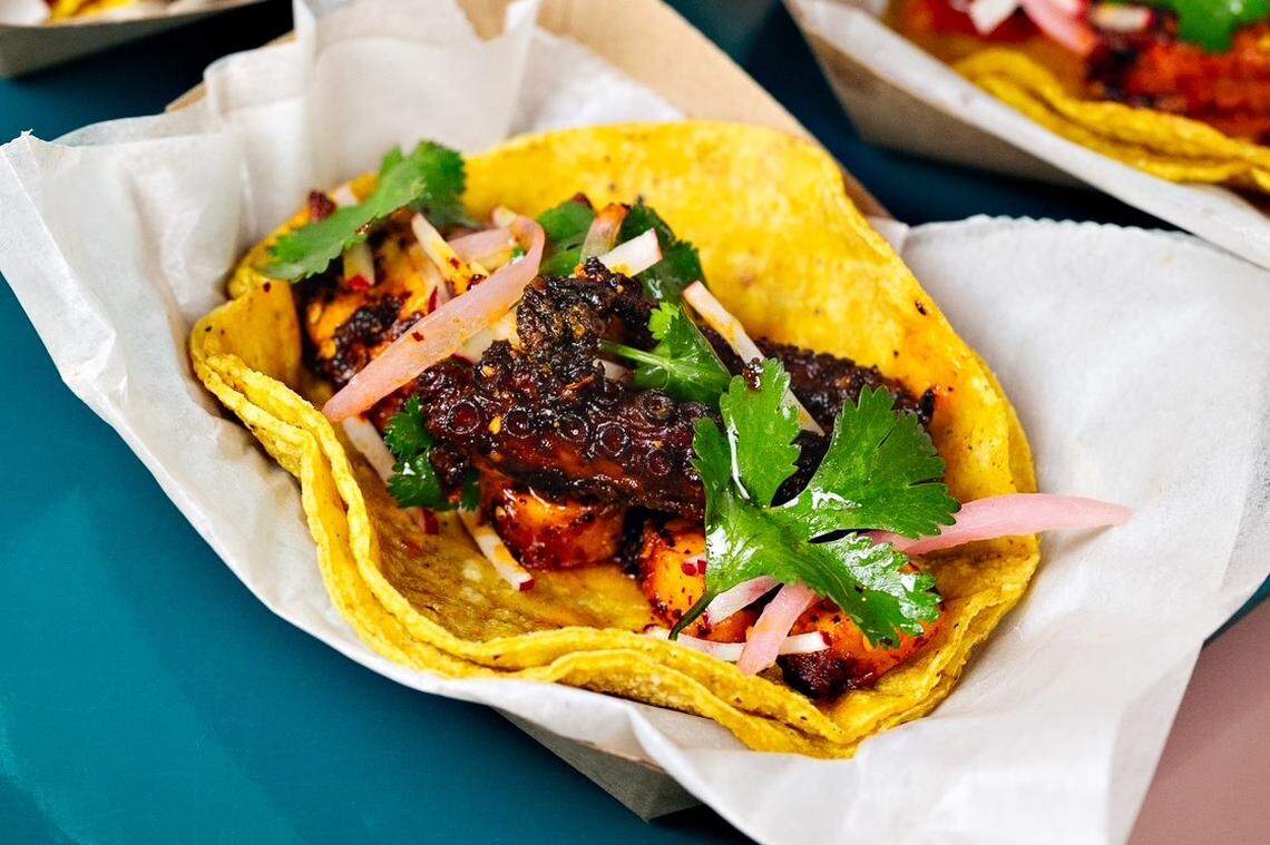 Raleigh chef Scott Crawford created a special guest taco for the menu of Little Rey, benefiting Ben’s Friends, a support group for hospitality workers struggling with addiction. The taco featured grilled octopus and salsa macha.