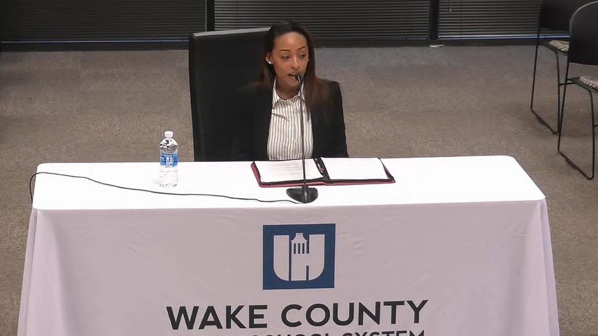 Christina Gordon interviews for a vacant position on the Wake County school board on Jan. 14, 2025. She was chosen to fill the District 2 seat.