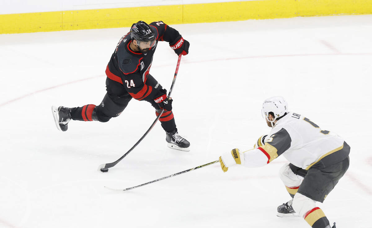 Carolina's Seth Jarvis (24) shoots in the second period of the Hurricanes’ game against the Golden Knights in the second game of the Stanley Cup Final at the Lenovo Center in Raleigh, N.C., Thursday, June 4, 2026.