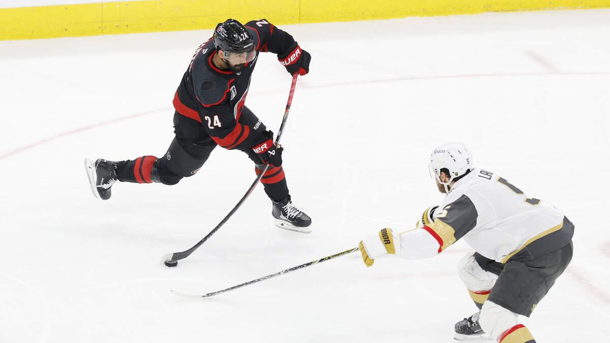 Carolina's Seth Jarvis (24) shoots in the second period of the Hurricanes’ game against the Golden Knights in the second game of the Stanley Cup Final at the Lenovo Center in Raleigh, N.C., Thursday, June 4, 2026.