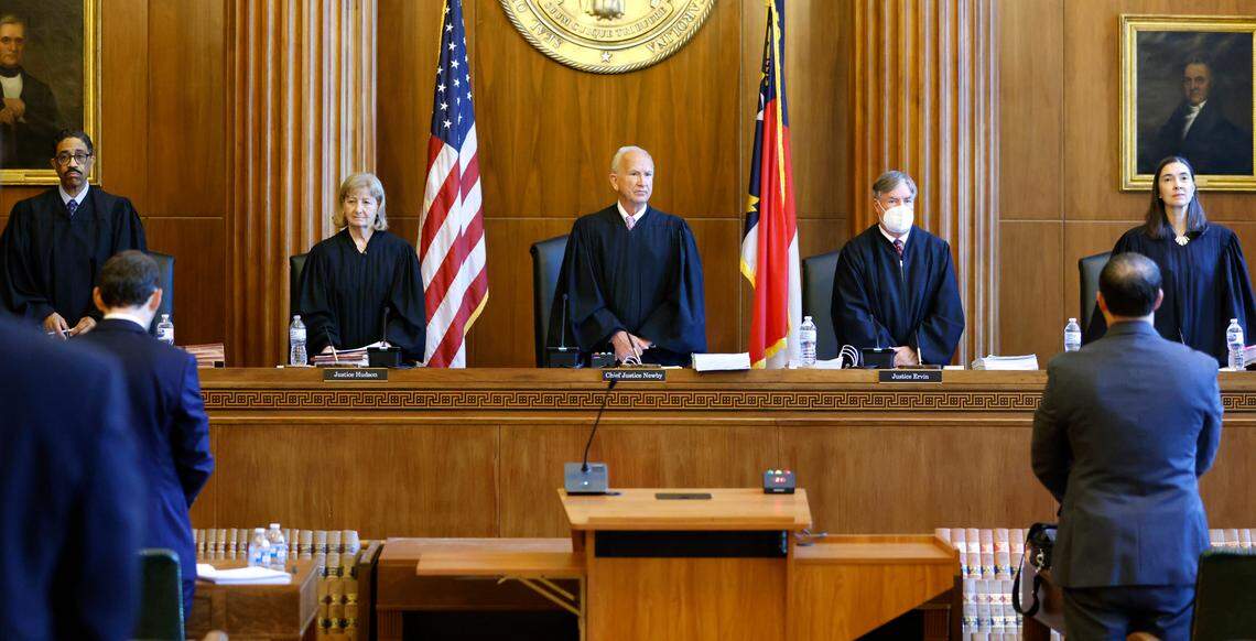 In this file photo, members of the N.C. Supreme Court stand before a recess in May 2022. At the time, the court had a 4-3 Democratic majority but the changed with the November 2022 election. The court now has a 5-2 Republican majority.