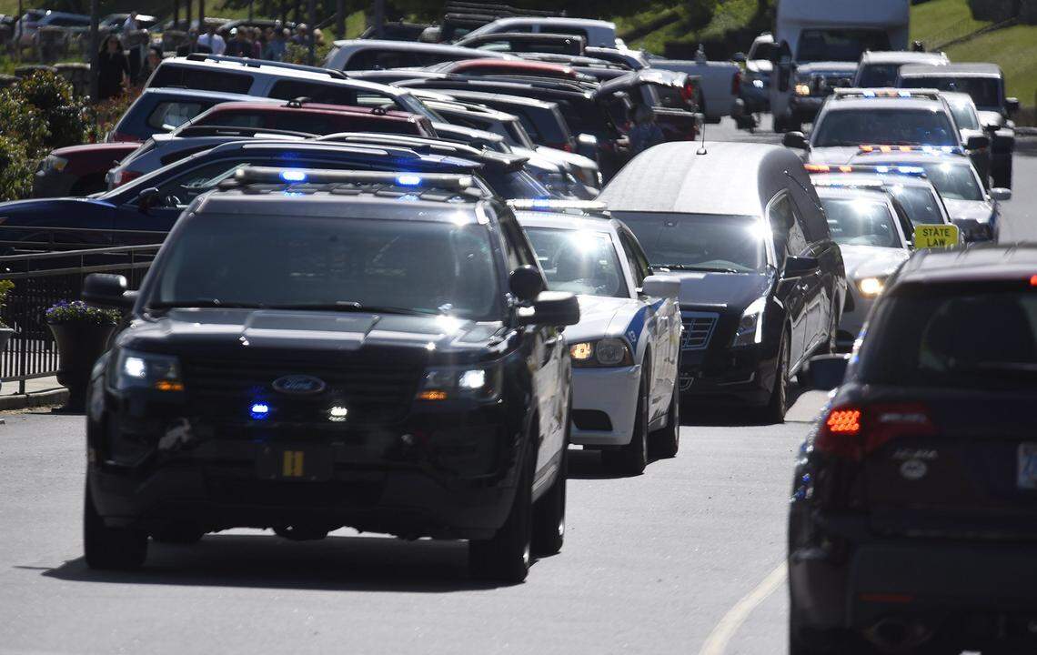 The hearse carrying Riley Howell’s remains arrived in Waynesville before the funeral. At least 1,000 mourners attended a memorial service for Howell who was killed trying to disarm a gunman in a UNC Charlotte classroom.
