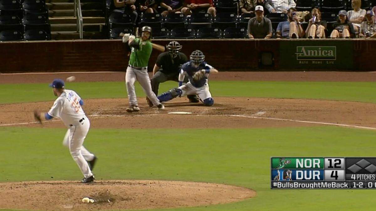 Durham Bulls pitcher Tyler Zombro tries to avoid a line drive hit Thursday night, June 3, 2021. The ball hit in the head and he is listed in “stable condition” Friday morning.