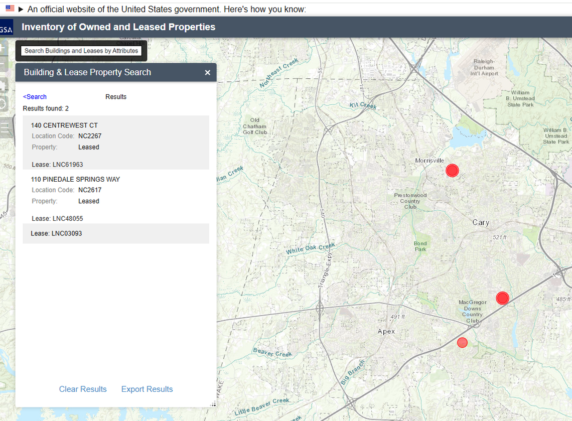 A screenshot of the General Services Administration website that provides information about federal government leased and owned property.
