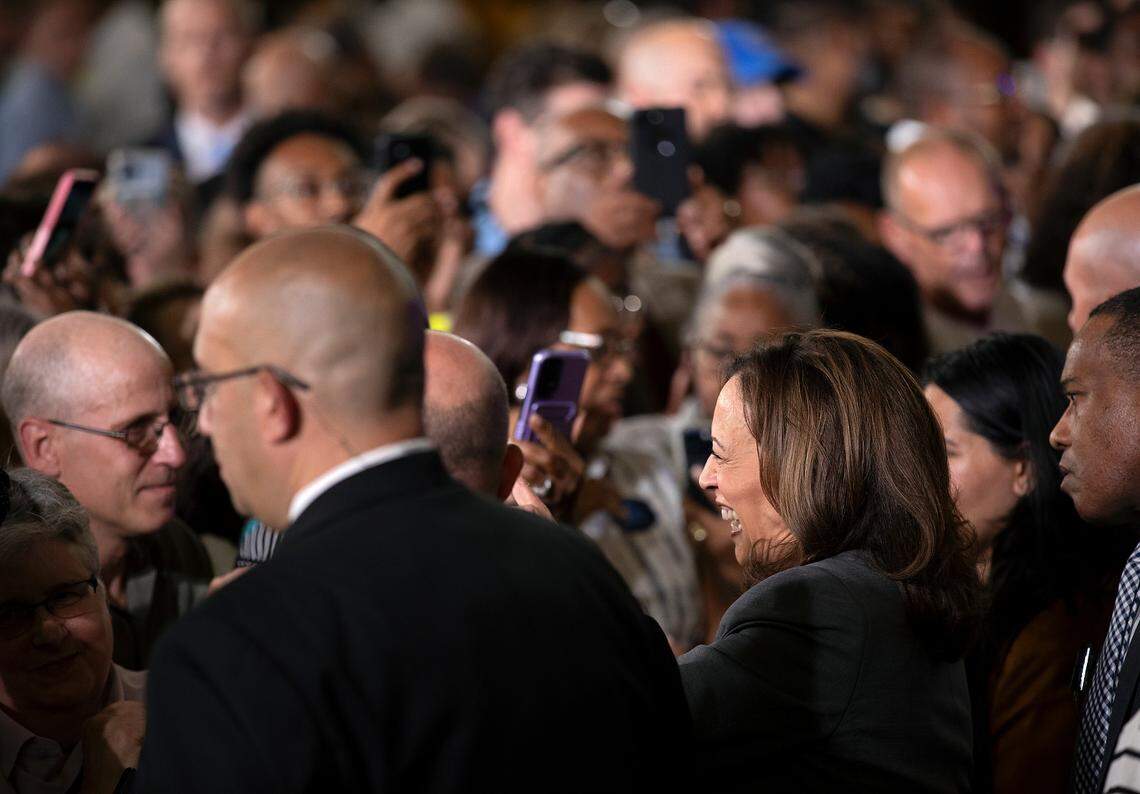 Vice President Kamala Harris greets attendees at the conclusion of a campaign event at James B. Dudley High School on Thursday, July 11, 2024, in Greensboro, N.C.