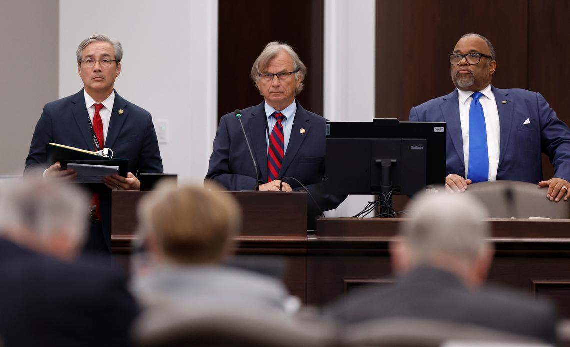 From left, N.C. Senators Michael Lee, Bill Rabon and Paul Lowe, Jr., listen to questions as Senate Bill 3, the NC Compassionate Care Act, is discussed during the House Health Standing Committee meeting in Raleigh, N.C., Tuesday, May 30, 2023.