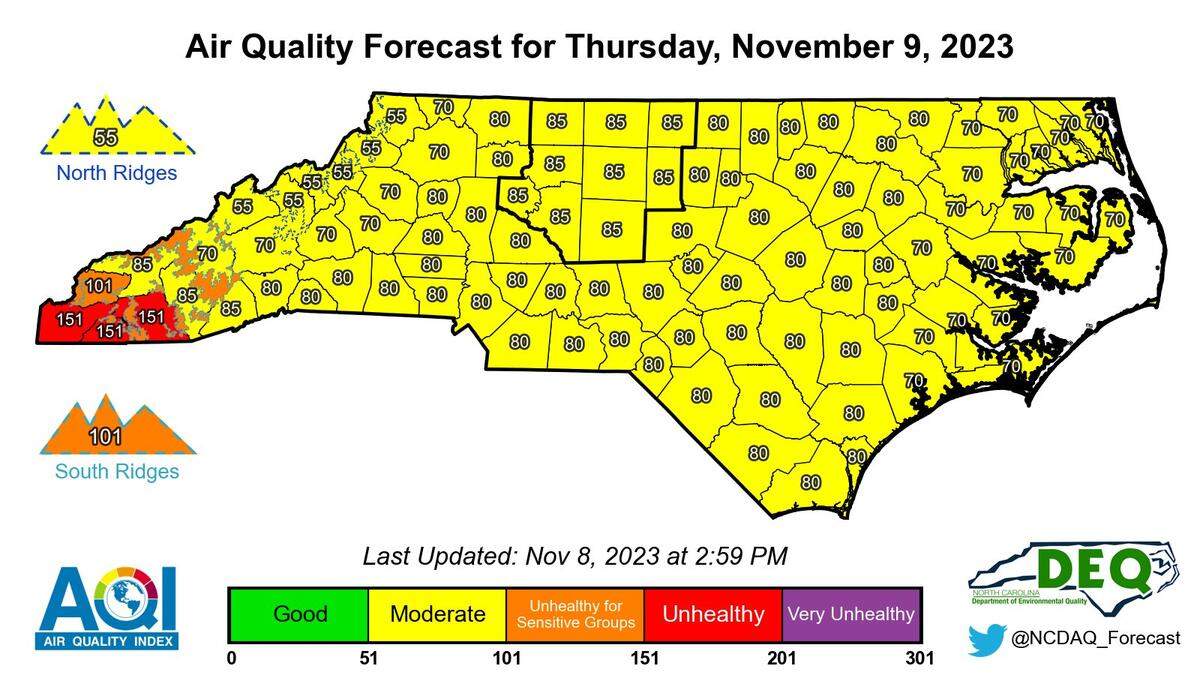 The N.C. Division of Air Quality says smoke from the Collett Ridge Fire outside the mountain town of Andrews is affecting the air all the way across the state. Light rain is expected in the mountains Friday and forecasters say air quality should improve by Saturday.
