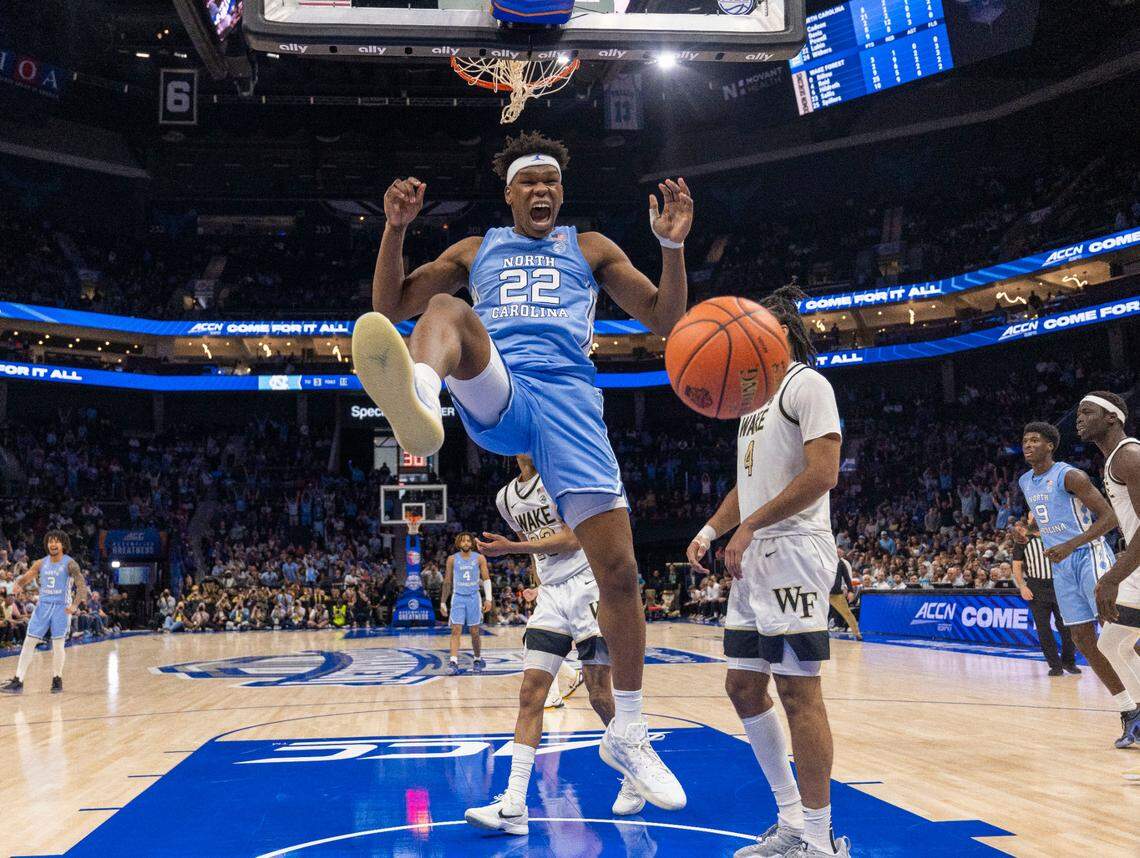 North Carolina forward Ven-Allen Lubin (22) reacts after a dunk to give the Tar Heels a 65-59 lead with 1:27 play in the game against Wake Forest on Thursday, March 13, 2025 during the quarterfinals of the ACC Tournament at Spectrum Center in Charlotte, N.C. The Tar Heels defeated Wake Forest 68-59.