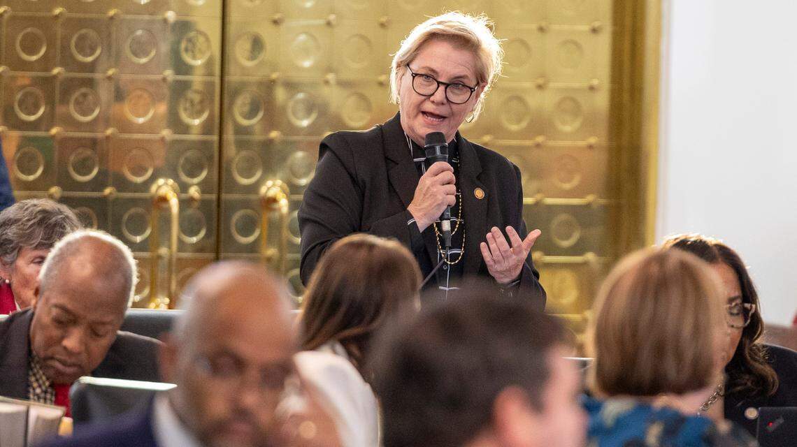 Rep. Deb Butler, a New Hanover County Democrat and the lone lawmaker who voted against a bill to raise unemployment benefits, debates on the House floor of the North Carolina General Assembly on Tuesday, Feb. 25, 2025.